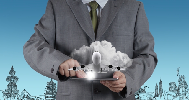 Traveling for Business - business man with device_airplane graphic