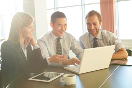 Portrait of smart business partners networking at meeting