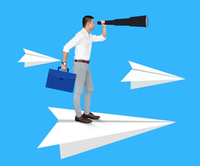 Businessman flying towards new business opportunities